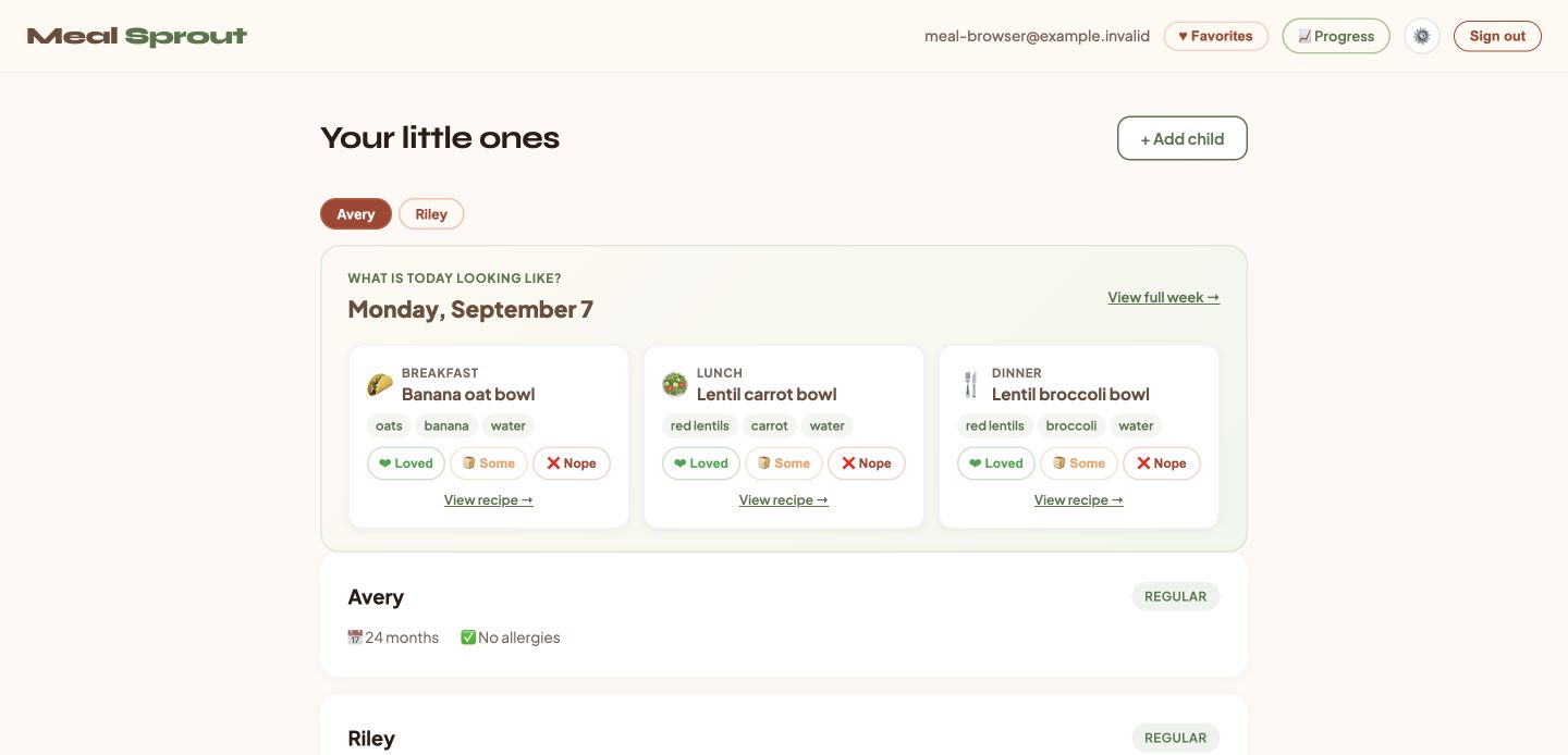 MealSprout’s daily overview with breakfast, lunch, and dinner cards and meal feedback buttons